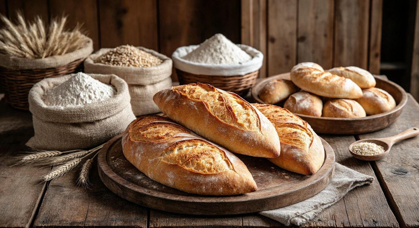 A rustic wooden table in a Turkish kitchen holds freshly baked, golden-brown kıtır ekmek with a crisp crust, surrounded by sacks of rye and wheat flour.