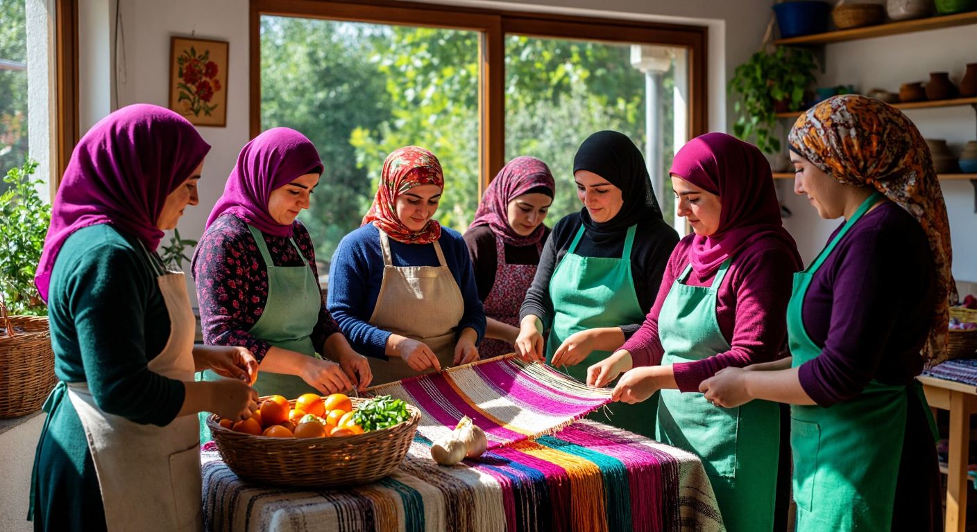 A group of diverse Turkish women in colorful headscarves and work aprons collaboratively weaving textiles in a sunlit community center, surrounded by baskets of fresh produce and handmade crafts, their faces reflecting determination and camaraderie.