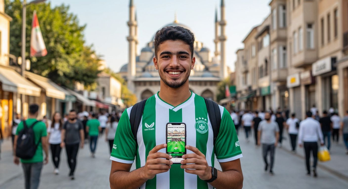 A smiling young man in a Konyaspor jersey holds up a smartphone displaying a vibrant online store with team merchandise, standing proudly in front of a bustling Konya street with the Mevlana Museum in the background.