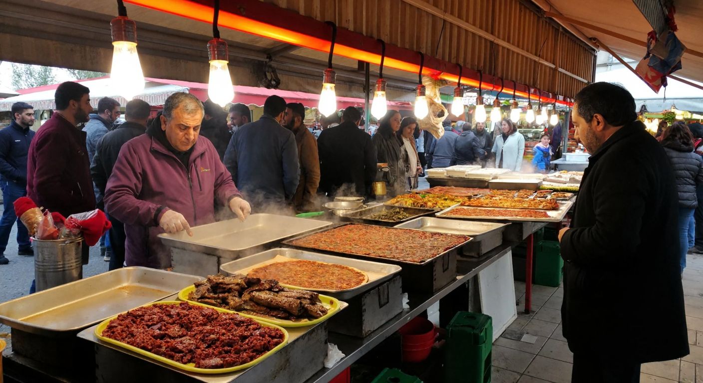 A bustling Hatay food market stall with steaming trays of paper kebab, tray kebab, and stone oven lahmacun, surrounded by eager customers and the rich aroma of spices.
