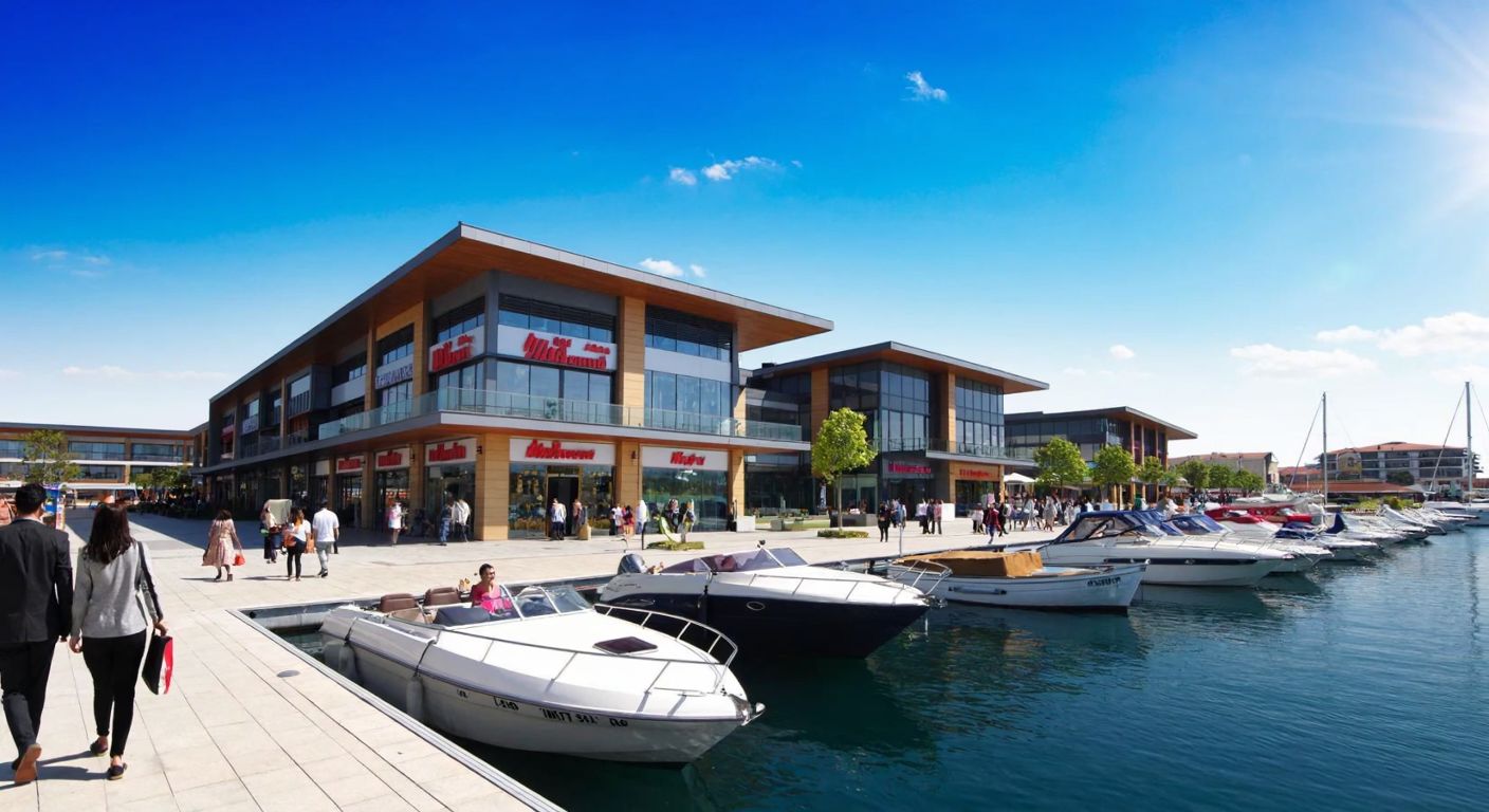 A bustling shopping mall with modern architecture, surrounded by boats docked at a marina, under a bright blue sky in Tuzla, Istanbul, with people carrying shopping bags and enjoying the waterfront.