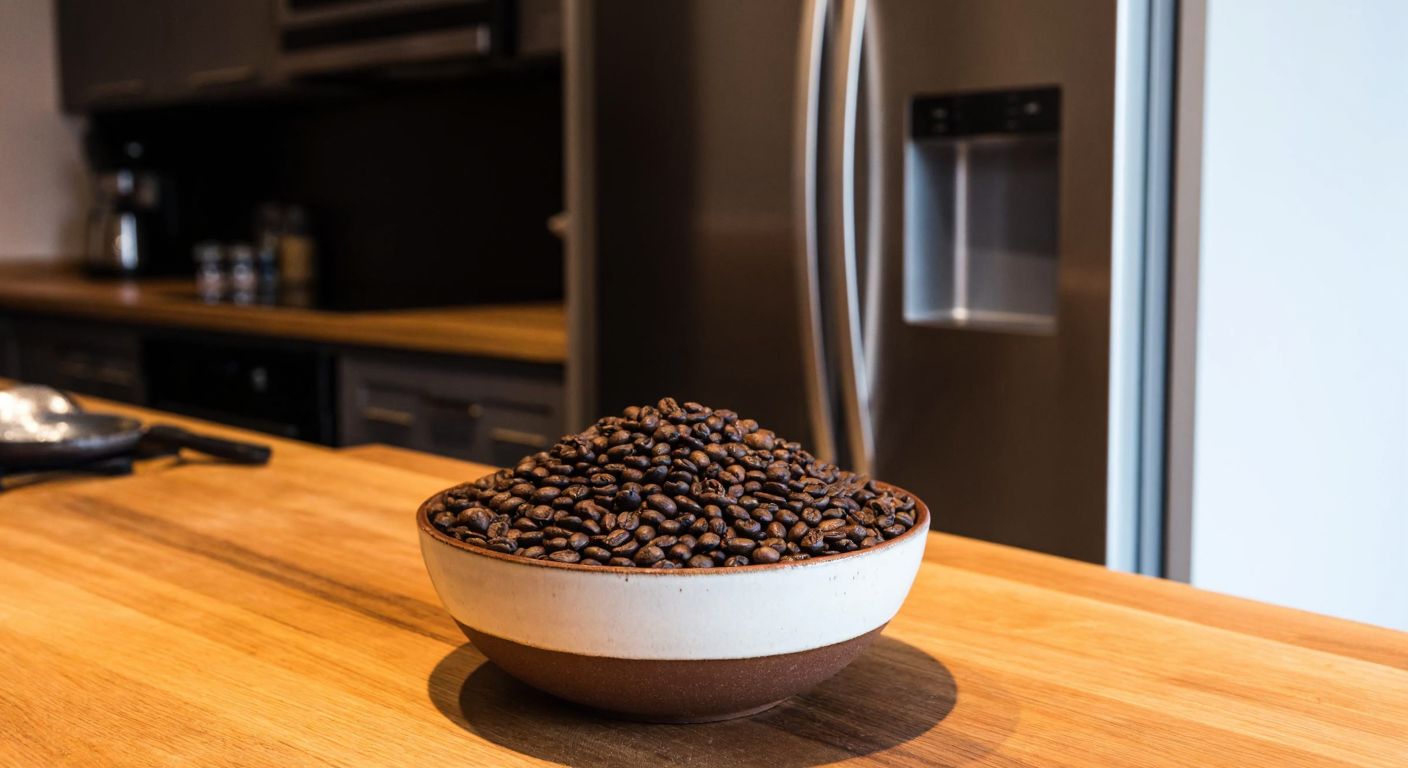 A warm Turkish kitchen with a bowl of aromatic coffee beans placed on a wooden counter, while a closed refrigerator stands in the background, subtly emphasizing the contrast between proper storage and the cold, humid environment inside.