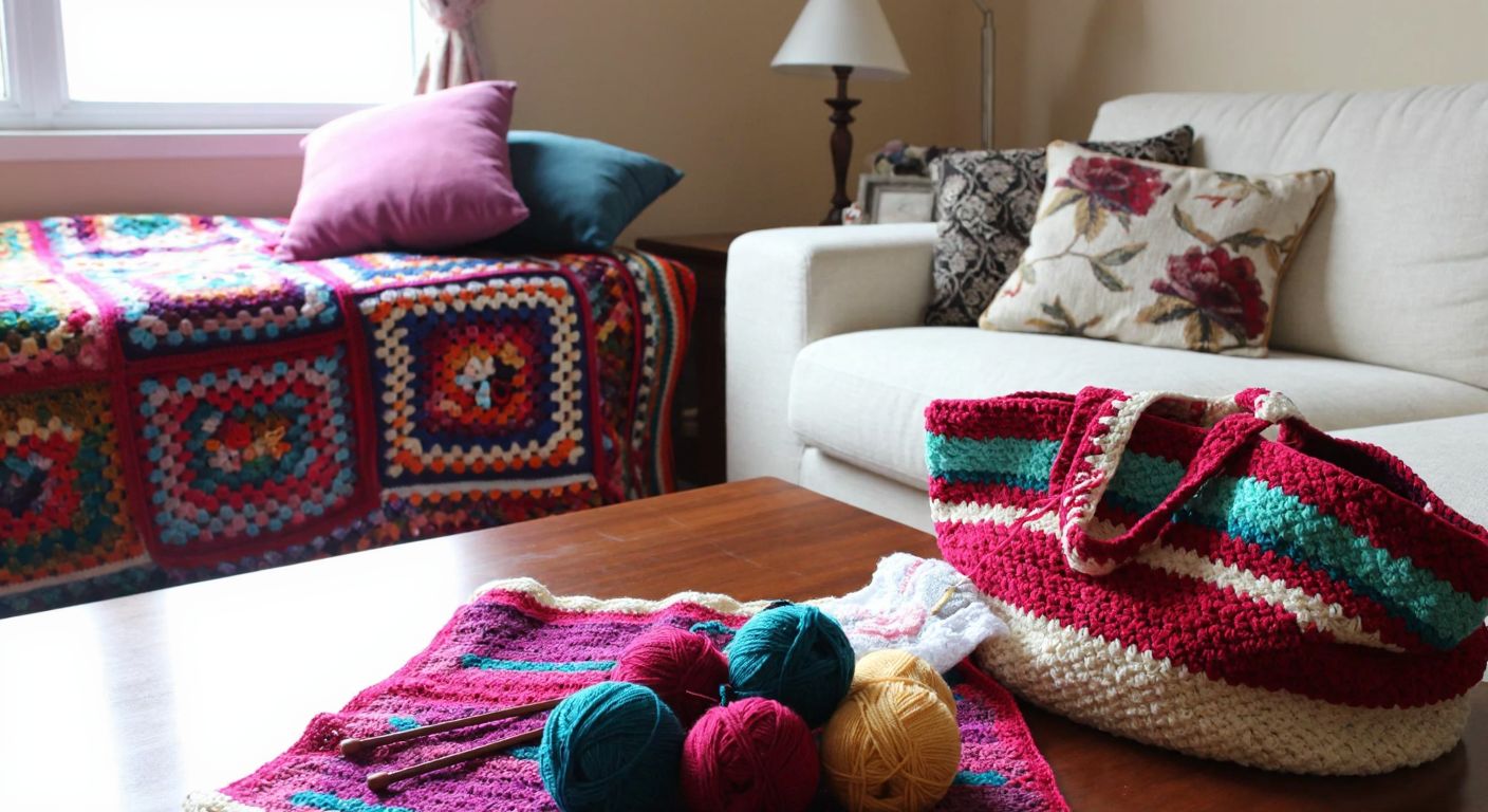 A cozy Turkish living room with colorful knitted items—a baby blanket, decorative pillows, and a crocheted bag—spread on a wooden table, surrounded by balls of leftover yarn and knitting needles.