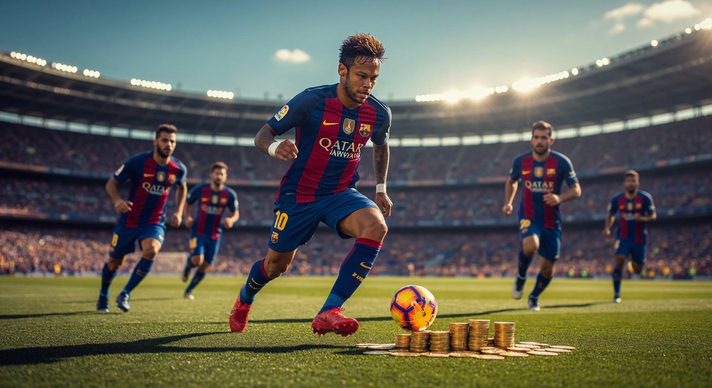 A focused Neymar in a Barcelona jersey dribbling past defenders on a sunlit Camp Nou pitch, with stacks of golden coins subtly blending into the stadium's shadows.