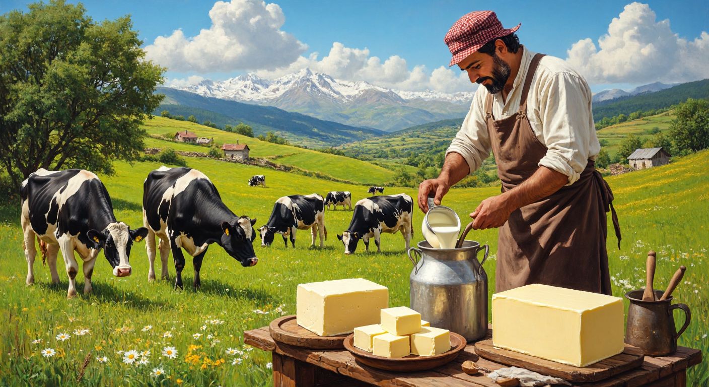 A lush green pasture in rural Turkey with dairy cows grazing peacefully, while a farmer in traditional attire pours fresh milk into a churn, surrounded by golden blocks of freshly made butter.