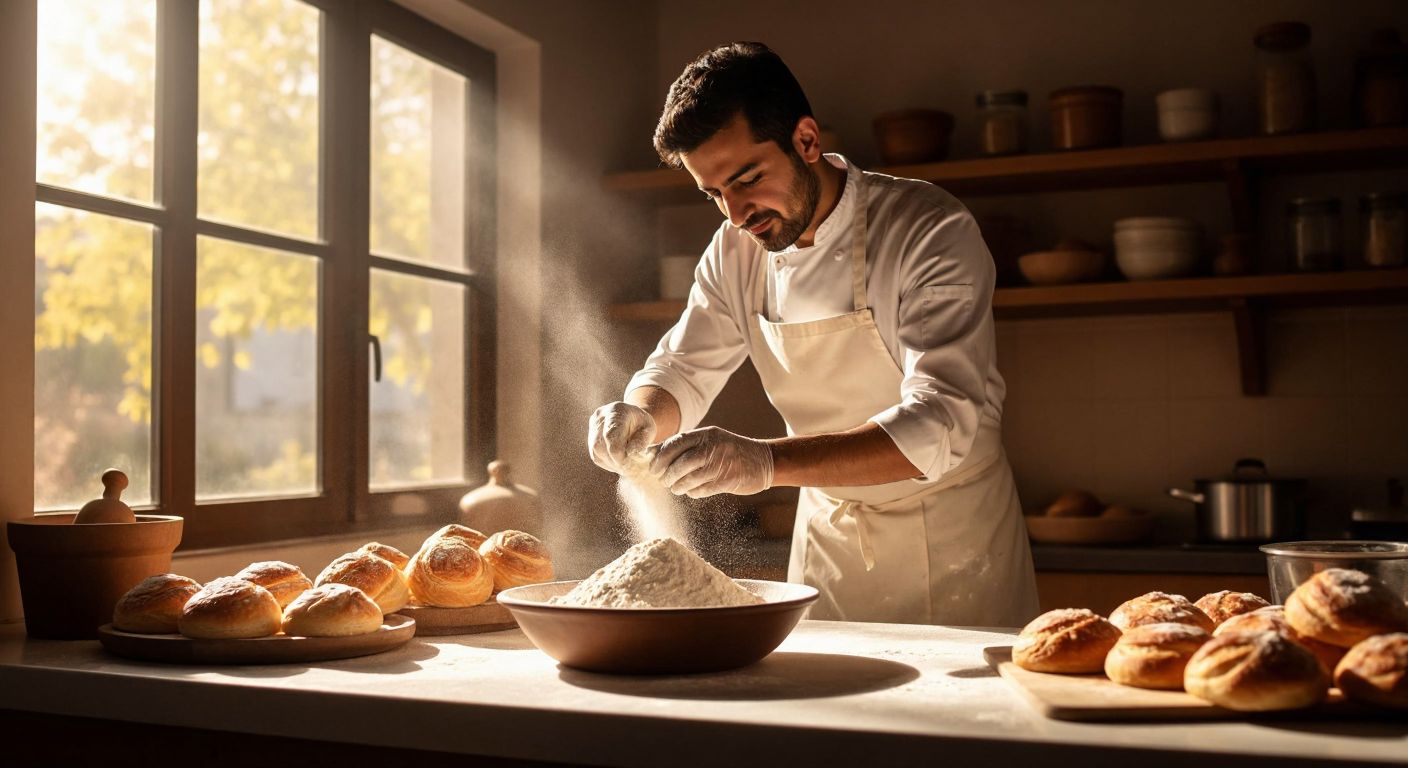 A Turkish baker in a sunlit kitchen carefully sprinkling Dr. Oetker baking powder into a bowl of flour, with golden pastries rising in the oven behind them.