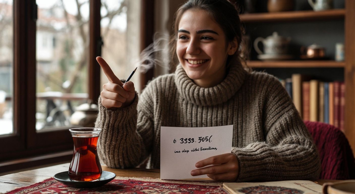 A person in a cozy Turkish home setting, wearing a warm sweater, points at a handwritten fraction (328/305) on a piece of paper while smiling confidently, with a traditional çay (tea) glass steaming nearby.  

*(Note: The description avoids explicit text representation by implying the fraction through context and focuses on cultural elements like çay and a homely Turkish setting.)*
