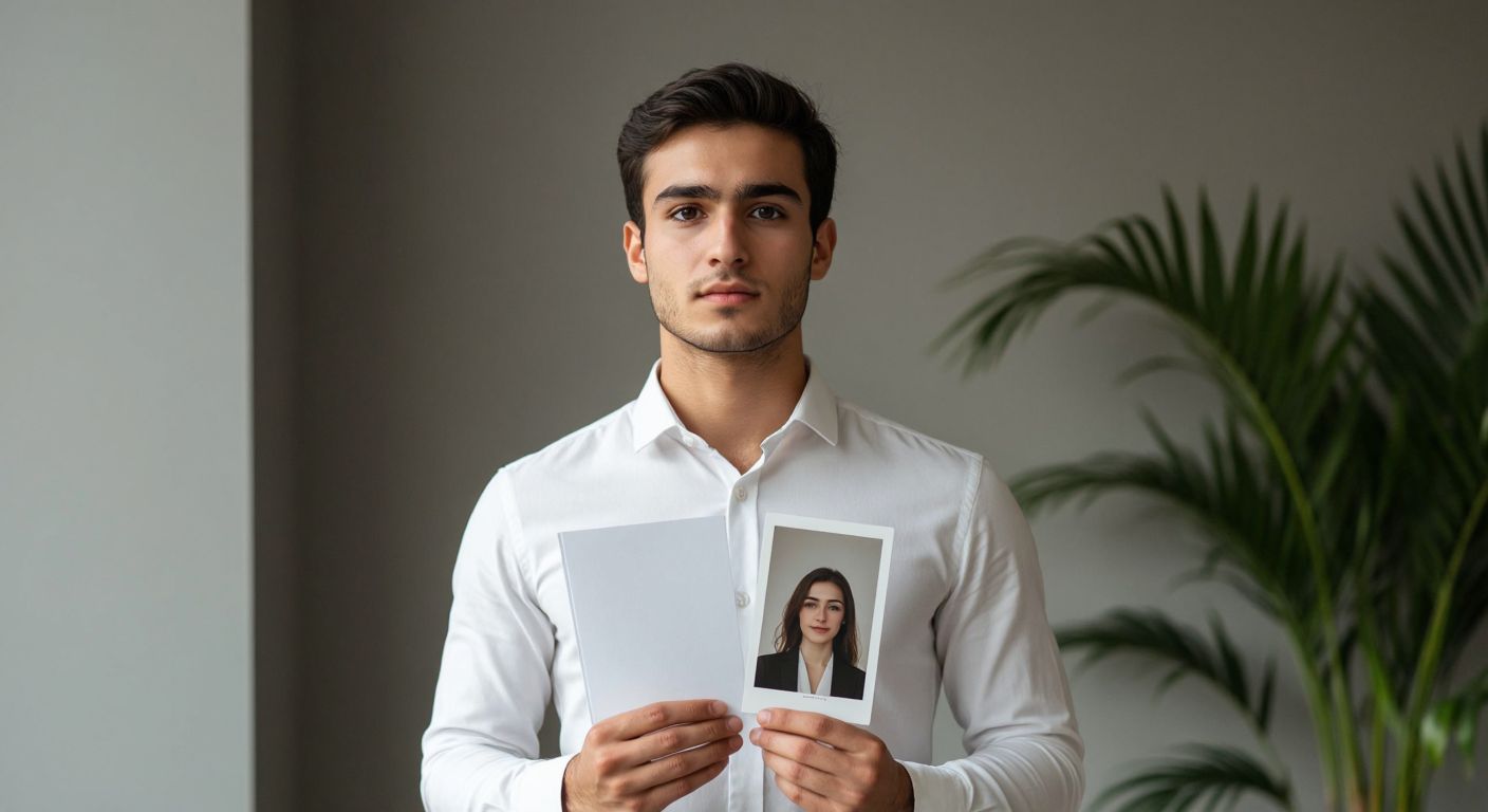 A young professional in a crisp white shirt holds a blank CV in one hand and a passport-sized photo in the other, standing thoughtfully in front of a neutral office backdrop in Turkey.