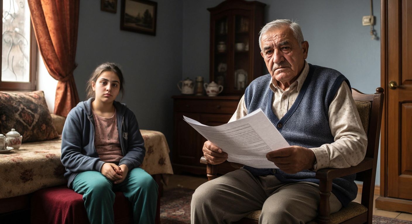 A solemn elderly Turkish man in a modest home setting, holding a rolled-up official document with a resigned expression, while a younger person with a disability sits nearby, looking concerned.