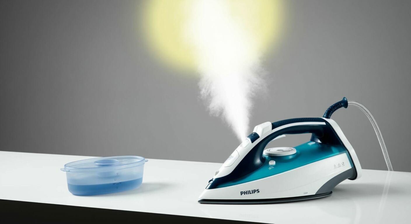 A modern Philips steam iron with a water tank placed on a clean white surface, emitting gentle steam into a small plastic cleaning container, with a soft yellow light glowing to indicate the descaling process in progress.