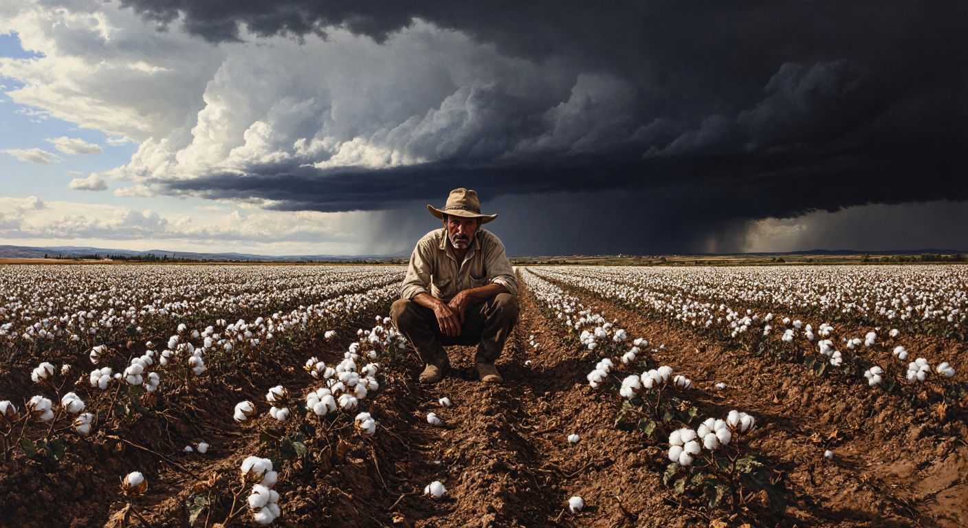A sun-scorched cotton field in Turkey with parched soil, a farmer in a worn hat frowning at sparse white bolls, while dark storm clouds loom in the distance.