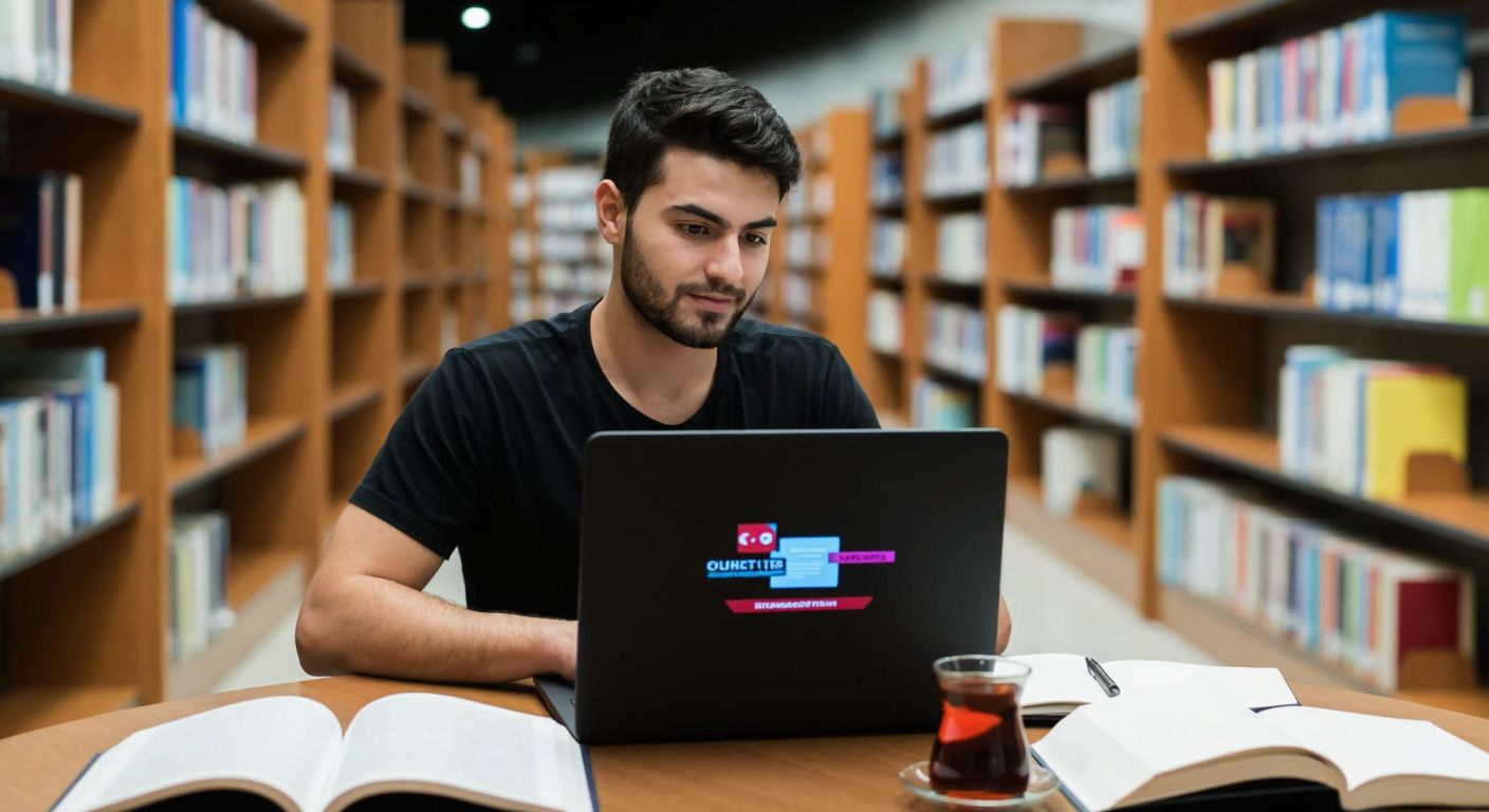A young Turkish student in a modern university library, confidently navigating a laptop screen displaying a colorful educational dashboard, surrounded by open textbooks and a steaming cup of Turkish tea.