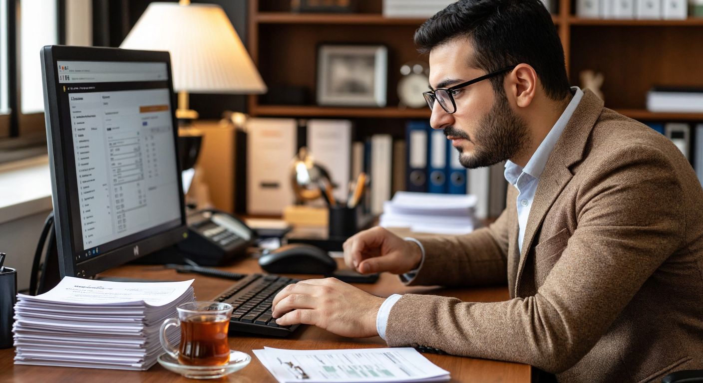 A Turkish accountant in a tidy office, wearing glasses and a focused expression, clicks on a computer screen displaying a tax form while holding a steaming cup of Turkish tea, with a stack of invoices neatly arranged on the wooden desk beside them.