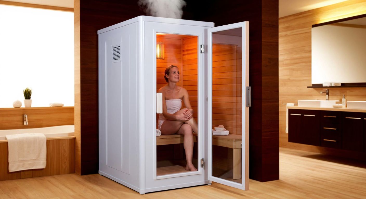 A modern, compact plastic sauna cabin placed in a cozy home bathroom with warm wooden accents, steam gently rising from inside, and a relaxed person sitting inside with a content expression.