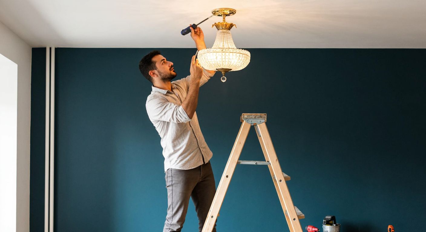 A focused Turkish man in a casual shirt stands on a sturdy wooden ladder, carefully securing a decorative chandelier to a white ceiling while holding a screwdriver, with scattered tools like a drill and pliers on the floor below.