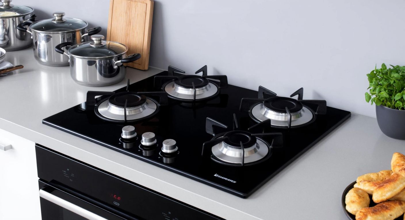 A sleek black 60cm four-burner gas stove with a glossy surface, placed on a modern kitchen countertop in a Turkish home, surrounded by stainless steel pots and pans.