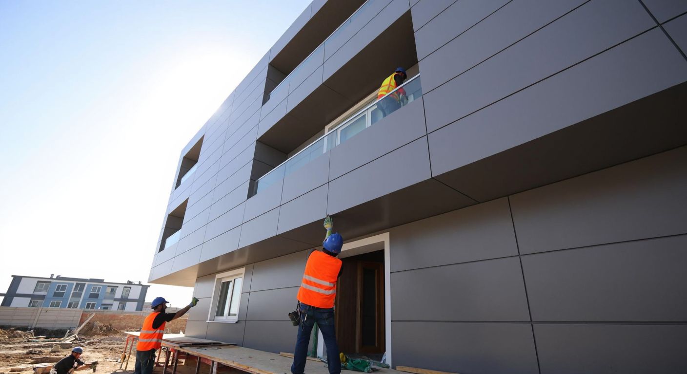 A modern Turkish construction site with workers installing sleek, gray fiber cement panels on a building's exterior under a bright sun, showcasing Hekim Yapı's high-quality facade materials.