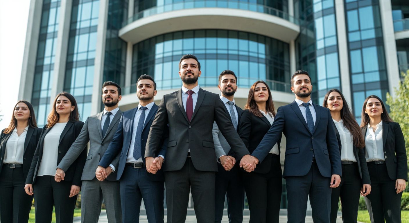 A group of diverse bank and insurance workers in Turkey, wearing professional attire, stand united in front of a modern office building, holding hands in solidarity with determined expressions.