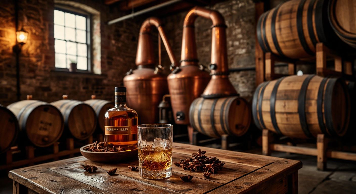 A rustic Irish distillery with copper stills glowing warmly, surrounded by oak barrels, and a glass of amber Bushmills whiskey resting on a wooden table with hints of vanilla and dried fruit in the air.