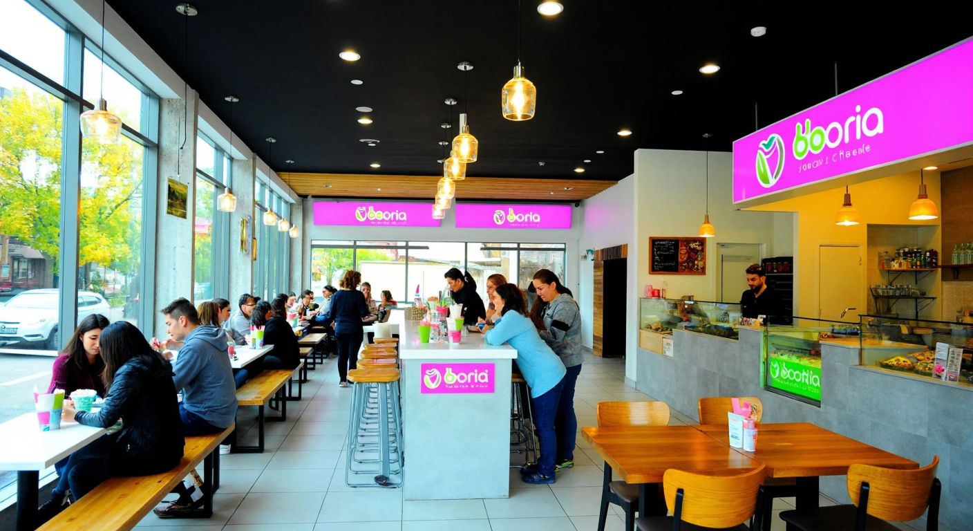 A bustling yogurt cafe in London, Ontario, with a modern interior, customers enjoying colorful frozen yogurt, and a corporate logo subtly displayed, while in contrast, a cozy café in Borçka with wooden furniture and a warm atmosphere features a friendly owner serving traditional Turkish coffee.