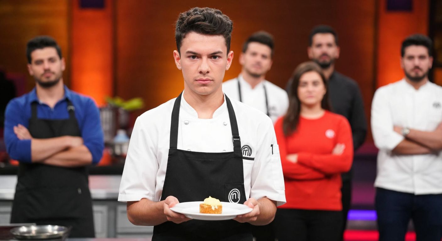 A young Turkish chef with a determined expression stands in a MasterChef kitchen, holding a plate of buttery dishes, while the judges and audience watch with mixed emotions of pride and sadness.