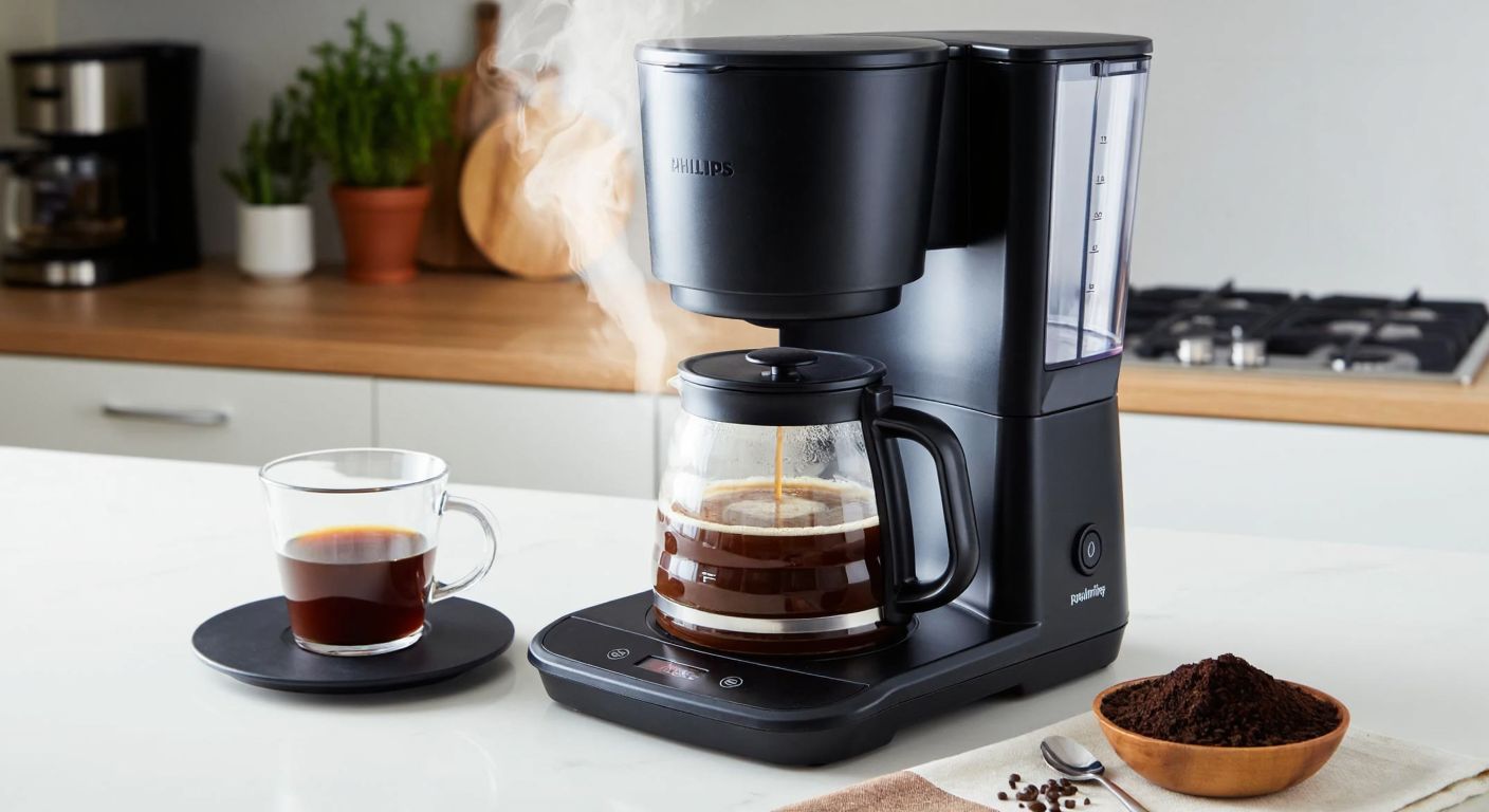 A Turkish kitchen counter with a Philips HD7462 coffee maker, steam rising from freshly brewed coffee, a glass carafe placed on the warming plate, and a small bowl of ground coffee beans nearby.