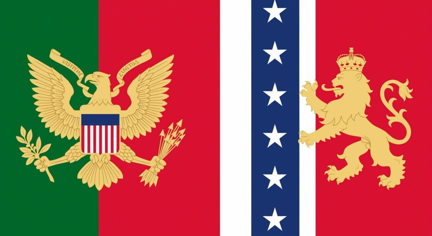 A split image showing a golden American eagle on a green background on the left and a crowned British lion on a red background on the right, symbolizing the currencies of the USA and UK.