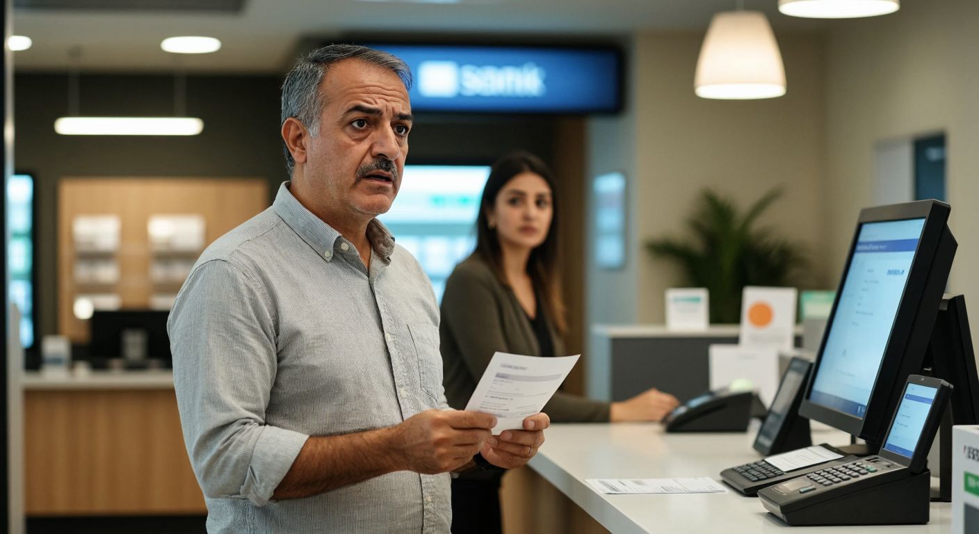 A middle-aged Turkish man in a casual shirt, standing at a brightly lit bank counter, holding a paper bill and looking slightly confused while a bank teller gestures toward a computer screen displaying a payment interface.