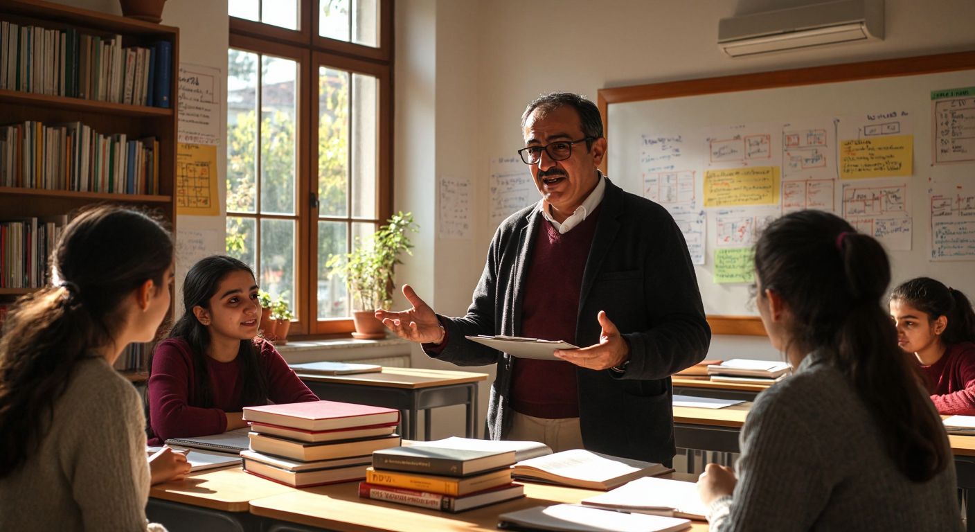 A middle-aged Turkish teacher with glasses enthusiastically explains YDS exam strategies to attentive students in a sunlit classroom, surrounded by stacks of books and a whiteboard covered in colorful diagrams.