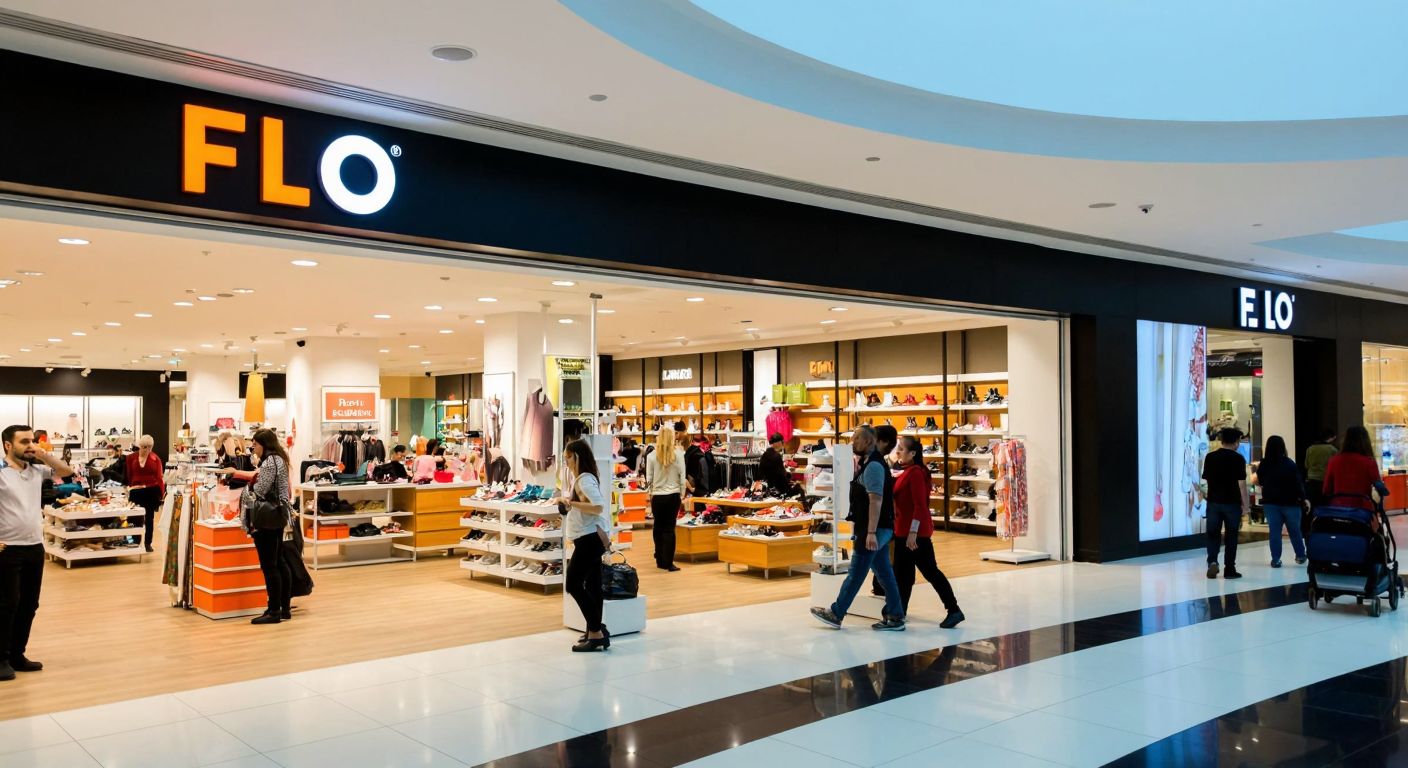 A bustling shopping mall in Istanbul with a modern FLO storefront, shoppers browsing colorful shoe displays, and a warm, inviting atmosphere.