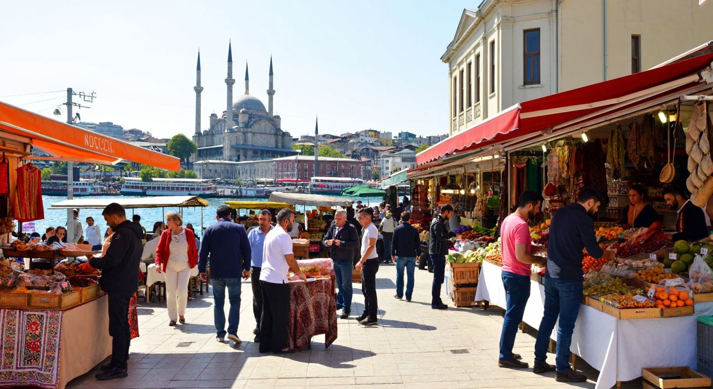A bustling outdoor market in Ortaköy with colorful stalls selling fresh produce, textiles, and spices, set against the backdrop of the Bosphorus and the iconic Ortaköy Mosque, with vendors and shoppers in lively conversation.
