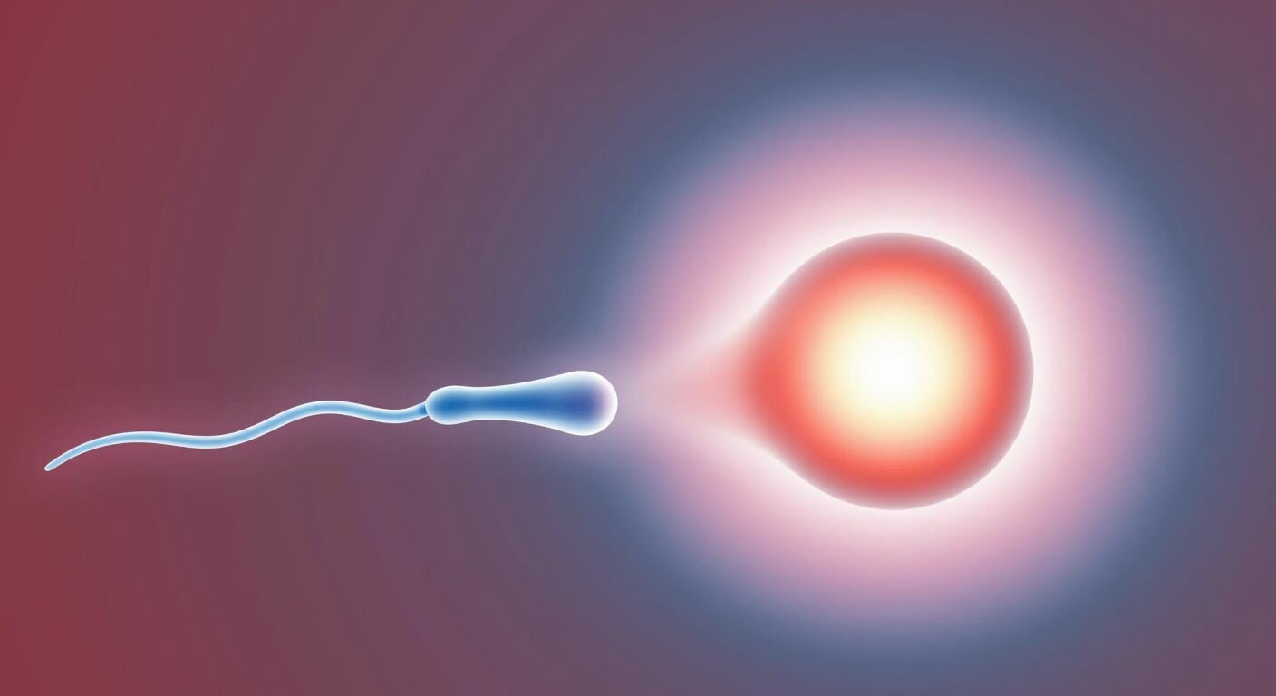 A warm, abstract illustration of a glowing egg and sperm merging in soft pink and blue hues, surrounded by a protective, womb-like environment with gentle light radiating outward.