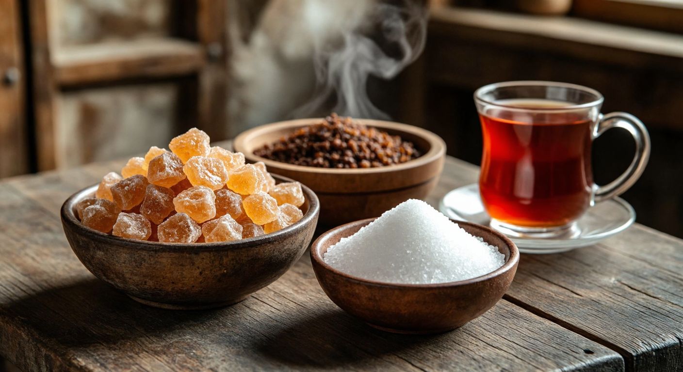 A rustic wooden table in a Turkish kitchen holds two small bowls—one filled with rough, golden-brown nöbet şekeri crystals and the other with fine, white refined sugar, next to a steaming cup of çay.