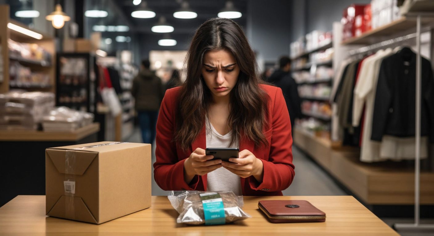 A frustrated shopper in Turkey frowns at their phone while holding a package, with a closed wallet on a wooden table beside them.