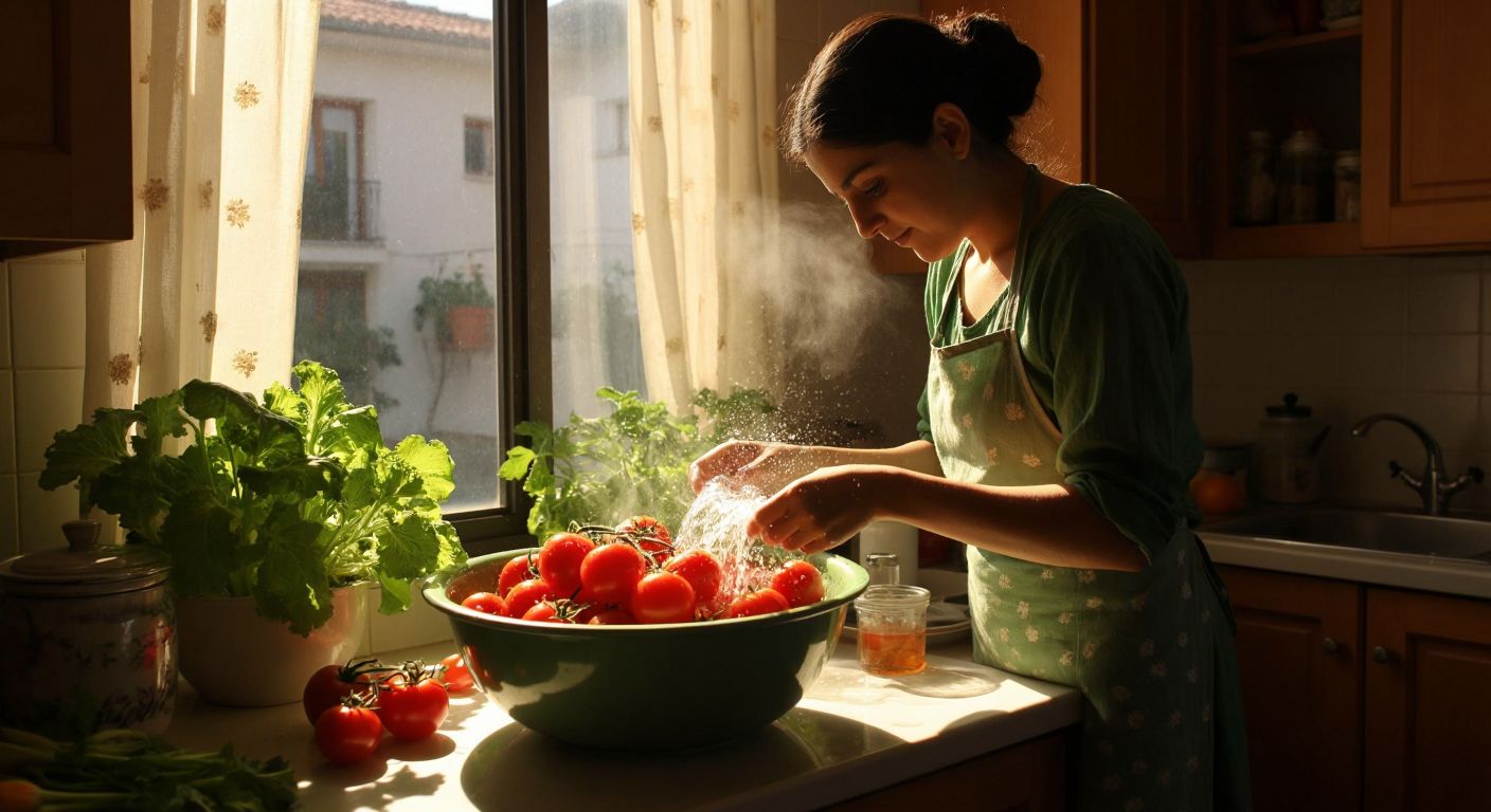 A Turkish woman in a sunlit kitchen rinses fresh tomatoes and cucumbers in a bowl of bubbling ozonated water, with a small ozone generator humming nearby.