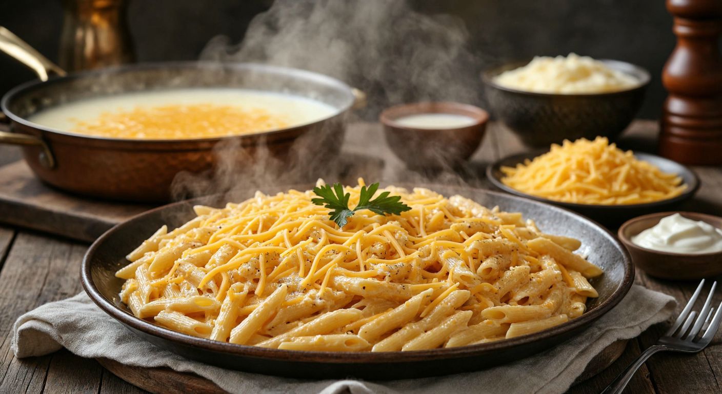 A steaming plate of golden cheddar cheese-coated pasta, garnished with melted cheese strands, sits on a rustic wooden table in a Turkish kitchen, with a bubbling pot of creamy sauce and fresh ingredients like butter and milk nearby.