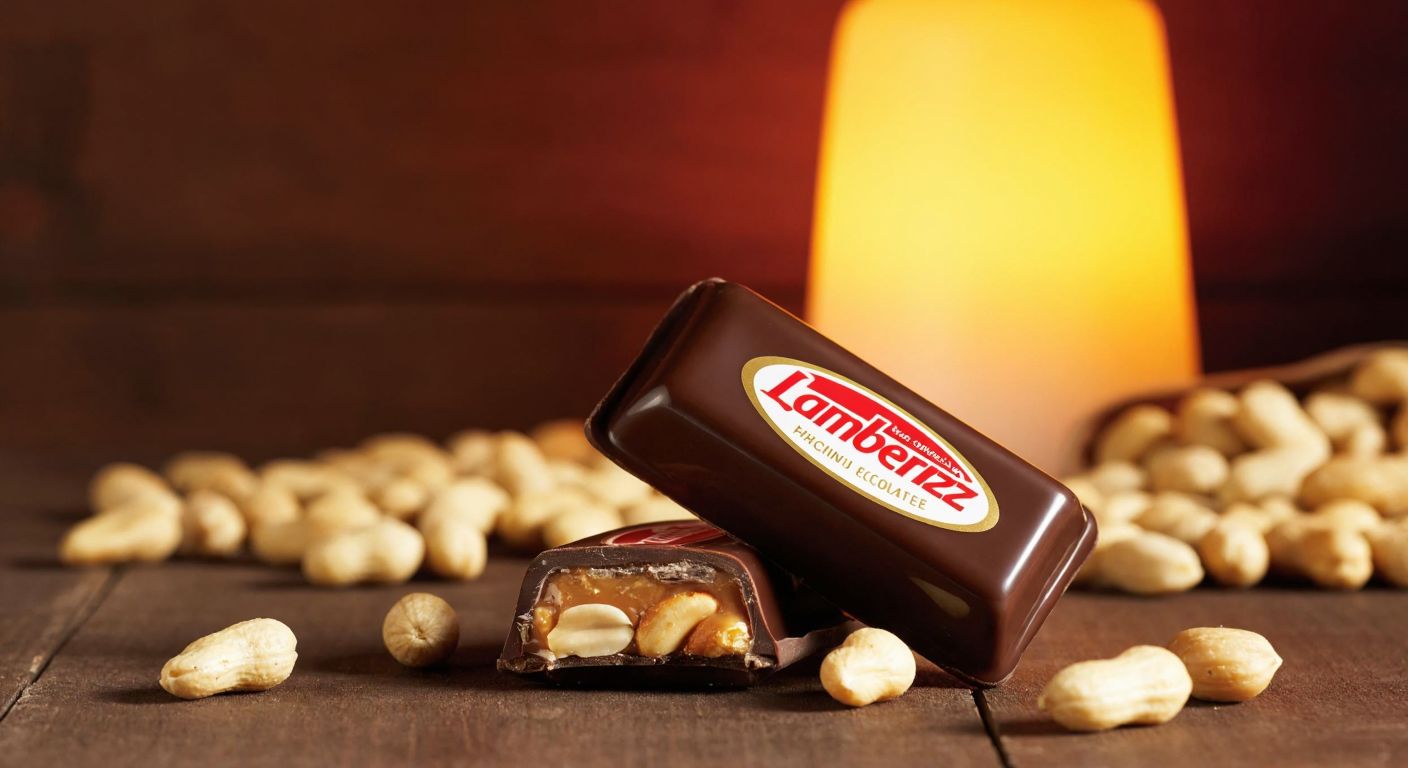 A single small, glossy brown package of Lambertz peanut-filled chocolate rests on a wooden table, surrounded by scattered peanuts and a warm, inviting glow from a nearby lamp.