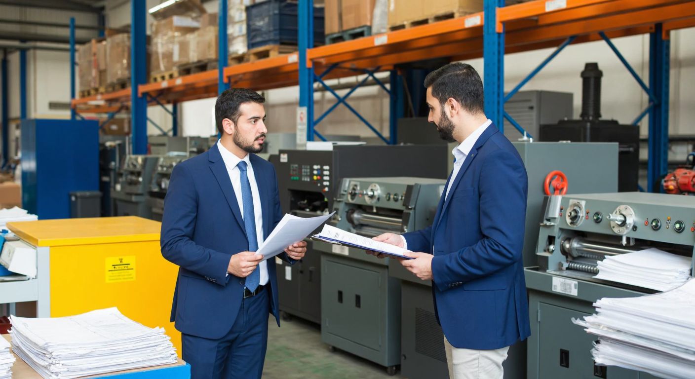 A Turkish businessman in a warehouse inspecting a used industrial machine while discussing with a seller, surrounded by other machinery and stacks of documents.