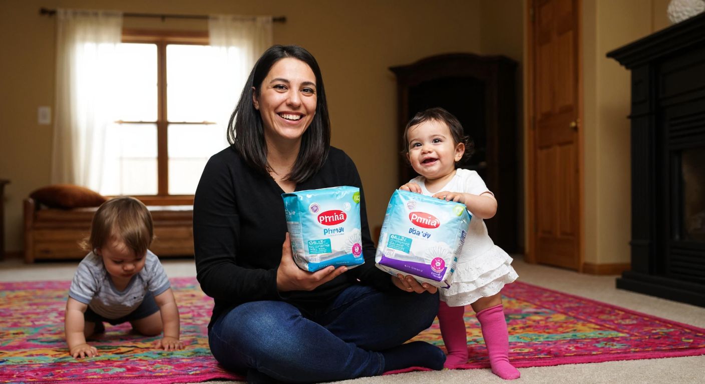 A smiling Turkish mother holding two diaper packages—one labeled *Prima* and the other *Lula Baby*—while a chubby toddler plays nearby on a colorful rug.