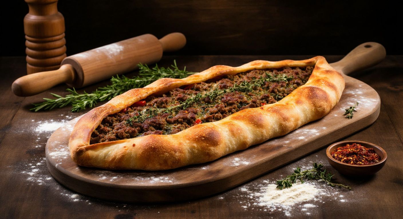 A warm, golden-brown lavash pastry filled with spiced minced meat and herbs, freshly baked in a traditional Turkish kitchen with a wooden rolling pin and flour-dusted counter nearby.