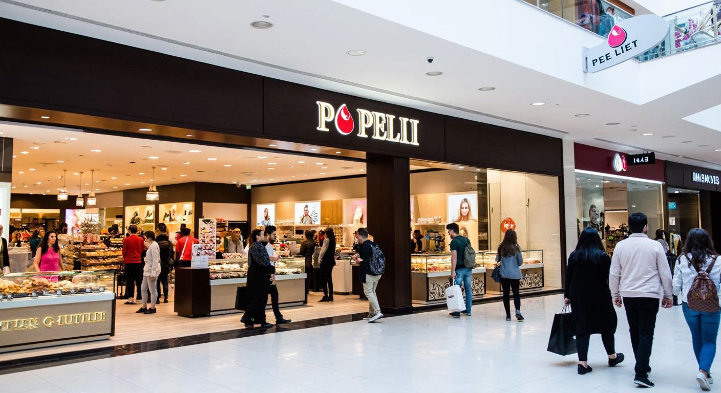 A bustling shopping mall in Istanbul with a modern Pelit outlet storefront, surrounded by shoppers carrying colorful bags and the aroma of Turkish pastries wafting through the air.