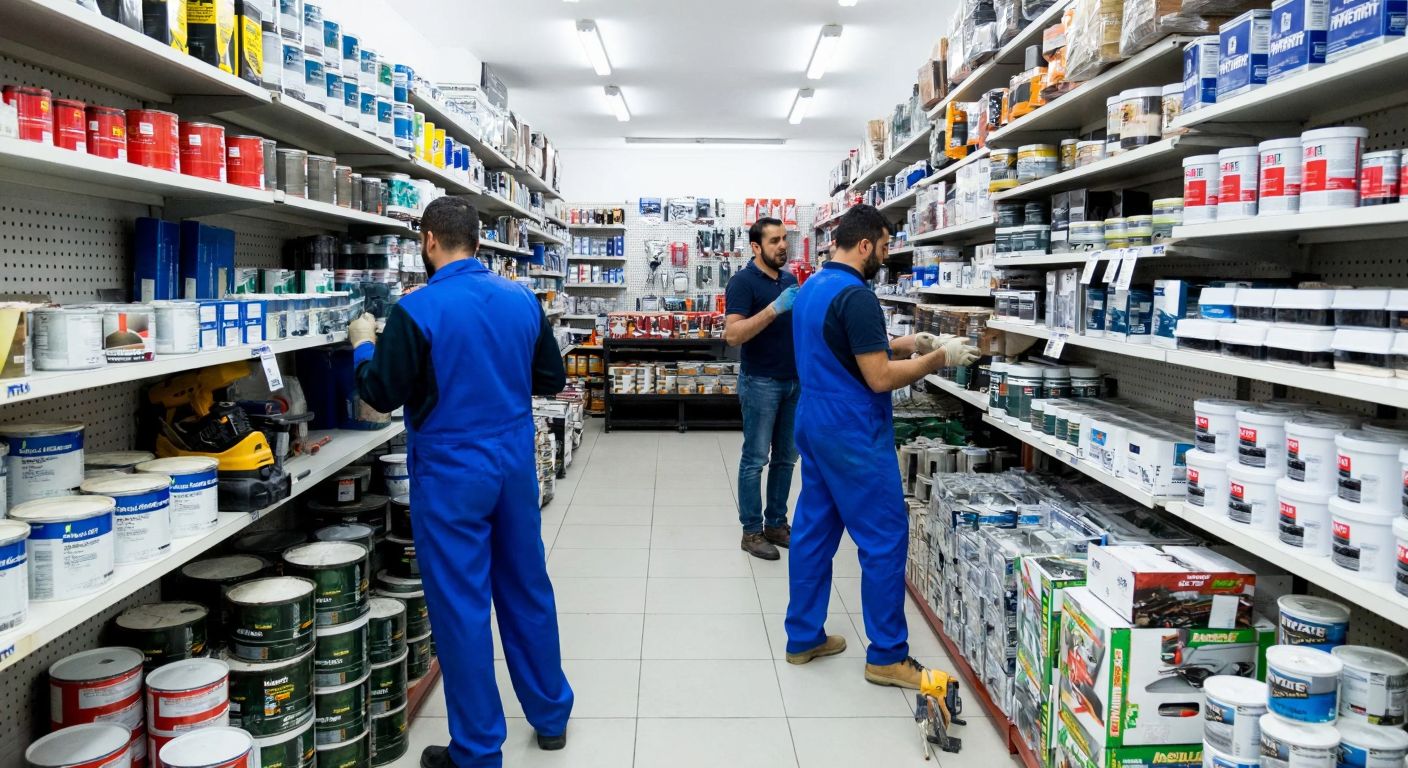 A bustling hardware store in Turkey with shelves stacked with construction tools, paint cans, and sealing gaskets, while workers in blue overalls assist customers in different sections.