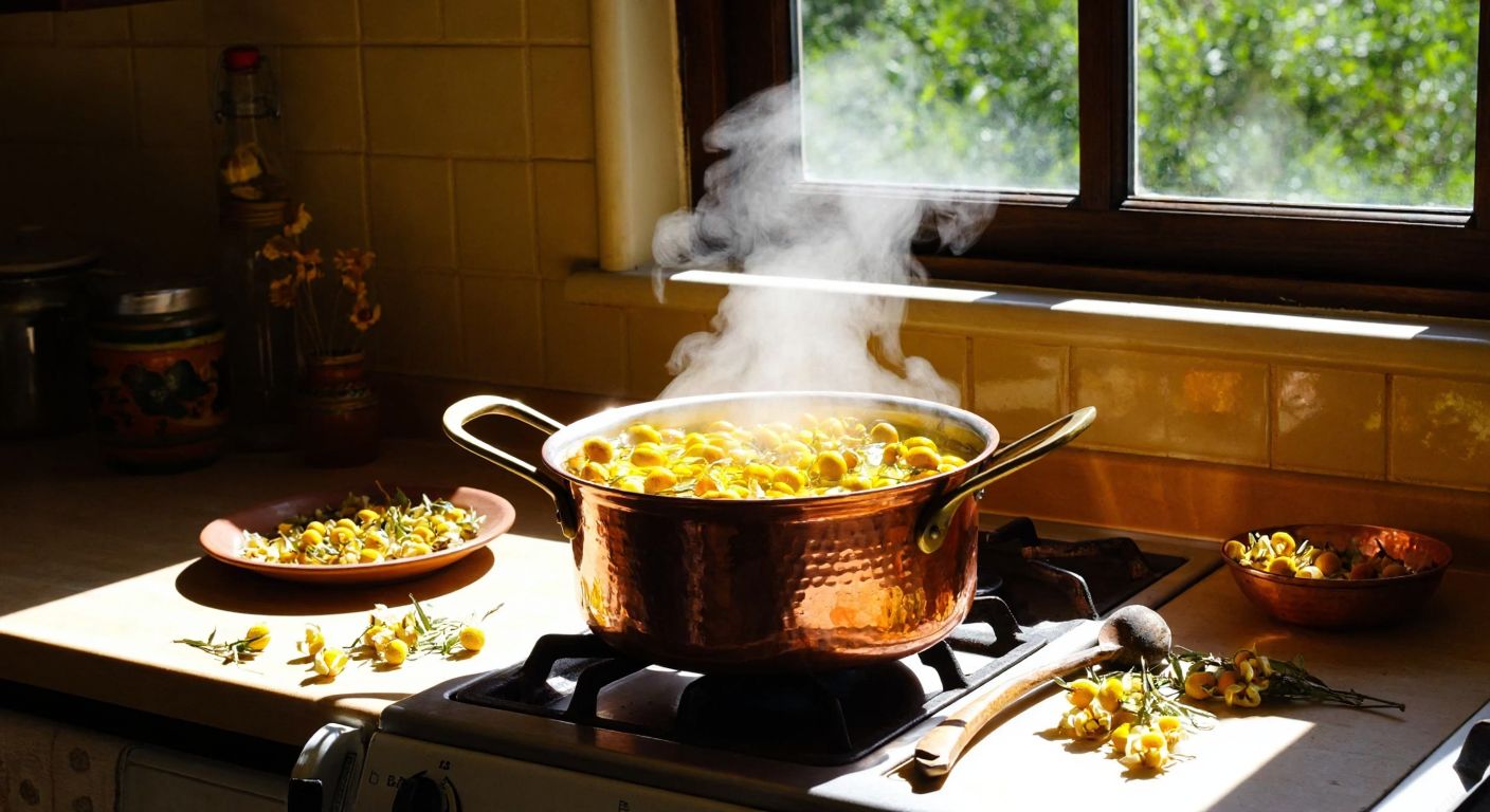 A sunlit Turkish kitchen with a copper pot simmering on a stove, filled with fresh loquat blossoms and steaming water, surrounded by scattered loose flowers and a rustic wooden spoon resting nearby.