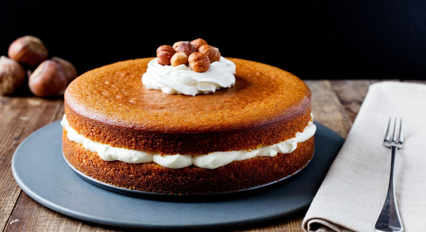 A golden-brown chestnut cake sits on a rustic wooden table, layered with creamy chocolate pudding, topped with whipped cream, and garnished with candied chestnut pieces and crushed hazelnuts.
