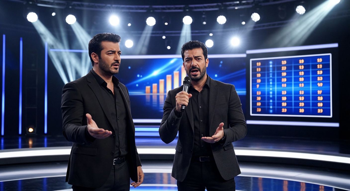 A tense contestant stands under bright studio lights on the "Kim Milyoner Olmak İster?" set, gripping a buzzer while host Kenan İmirzalıoğlu gestures toward a glowing prize board displaying ascending monetary tiers.