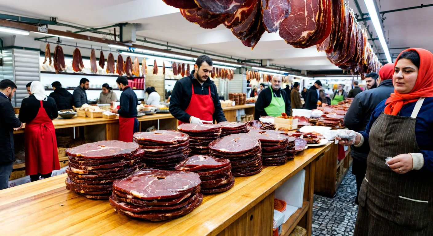 A bustling Kayseri marketplace with stacks of richly spiced, sun-dried pastırma slices displayed on wooden counters, surrounded by vendors in traditional aprons and customers eagerly sampling the savory delicacy.