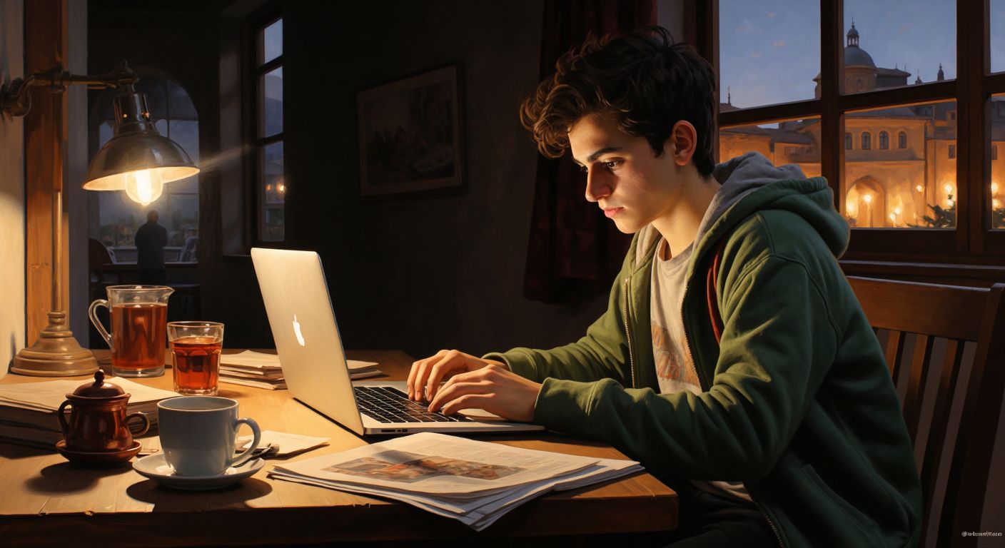 A young student in Turkey sits at a wooden desk with a laptop open, their face lit by the screen's glow as they eagerly click through an official-looking government website, while a printed exam result lies beside a steaming cup of Turkish tea.