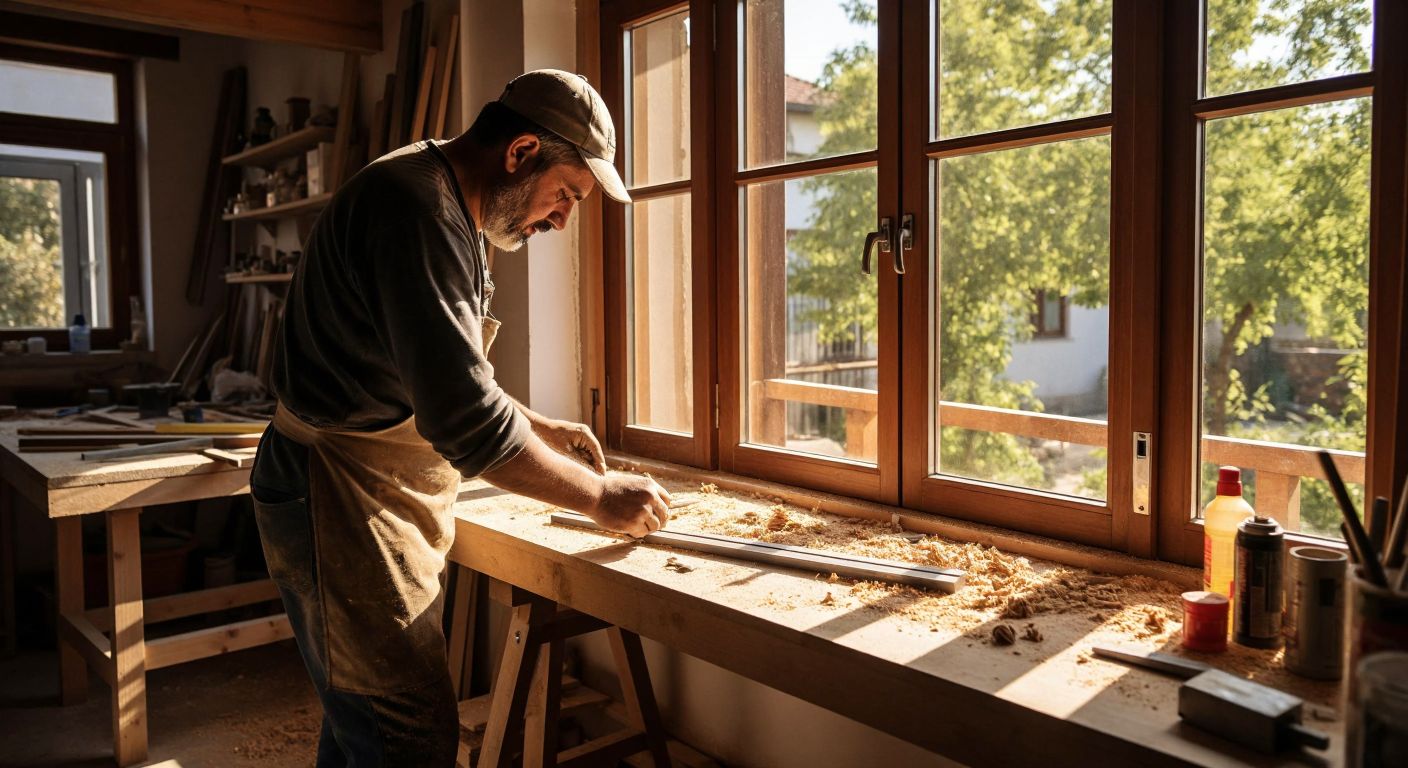 A Turkish carpenter in a sunlit workshop carefully measures the width of a double casement window frame with a metal tape, while a second worker checks the diagonals with a spirit level, surrounded by wood shavings and tools.