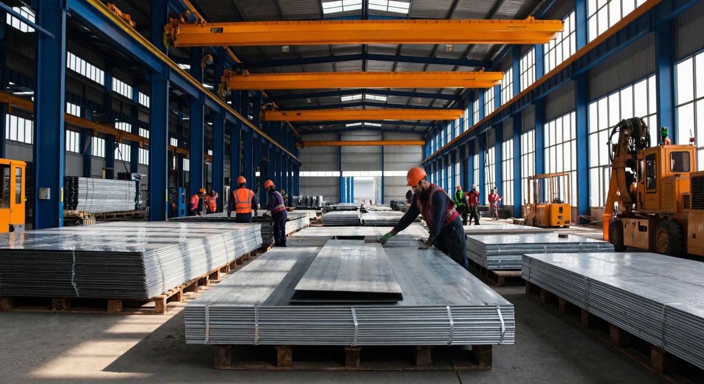 A modern steel factory in İzmir with workers in protective gear assembling prefabricated steel houses under bright sunlight, surrounded by stacks of gleaming metal sheets and industrial machinery.