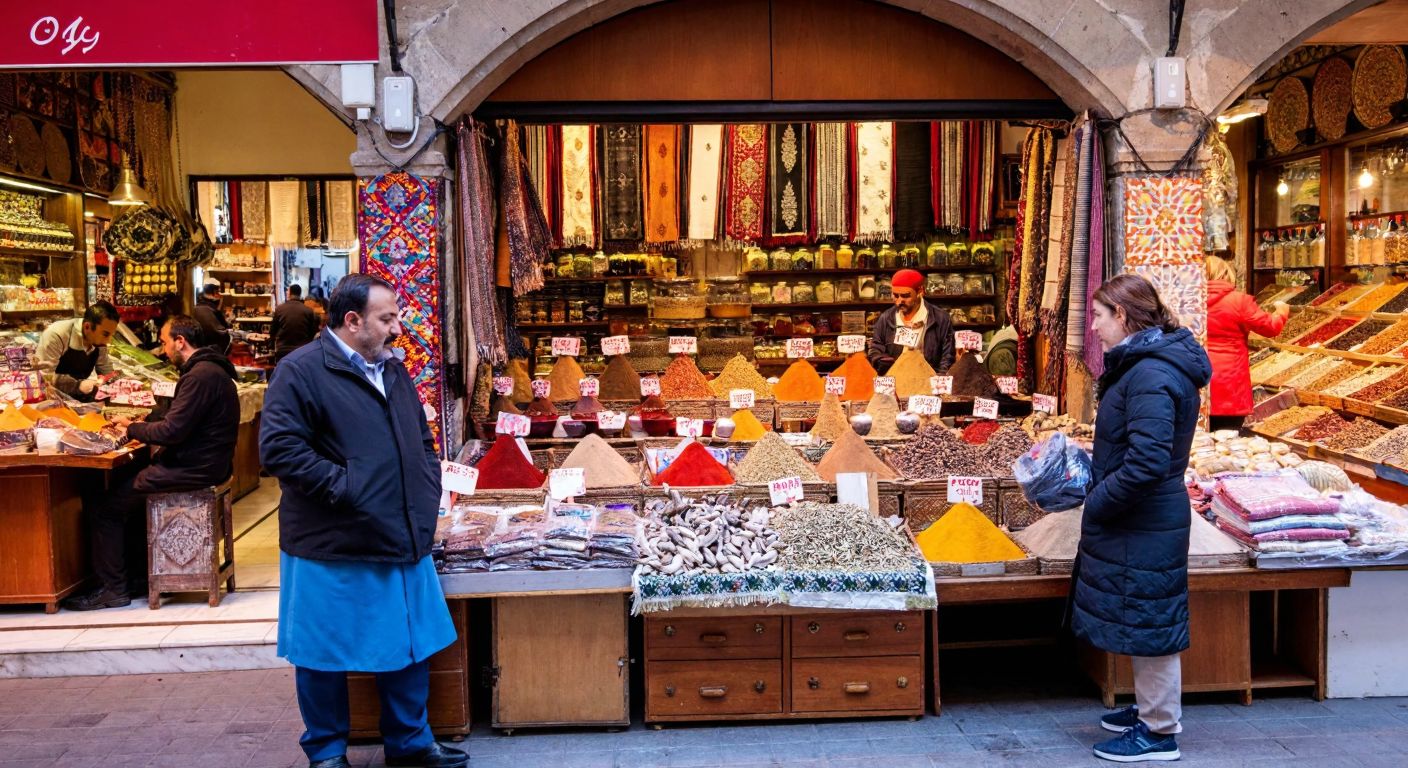 A bustling Turkish bazaar with vendors arranging colorful textiles and spices on wooden stalls, while customers browse and a shopkeeper warmly engages with a buyer.